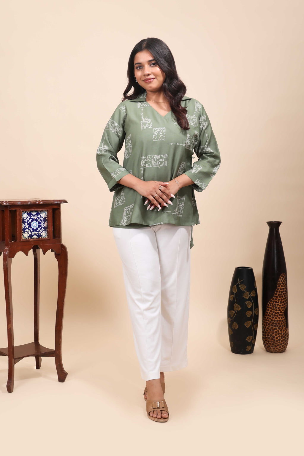 Olive Green Abstract Cubist Print Angrakha Tunic Top