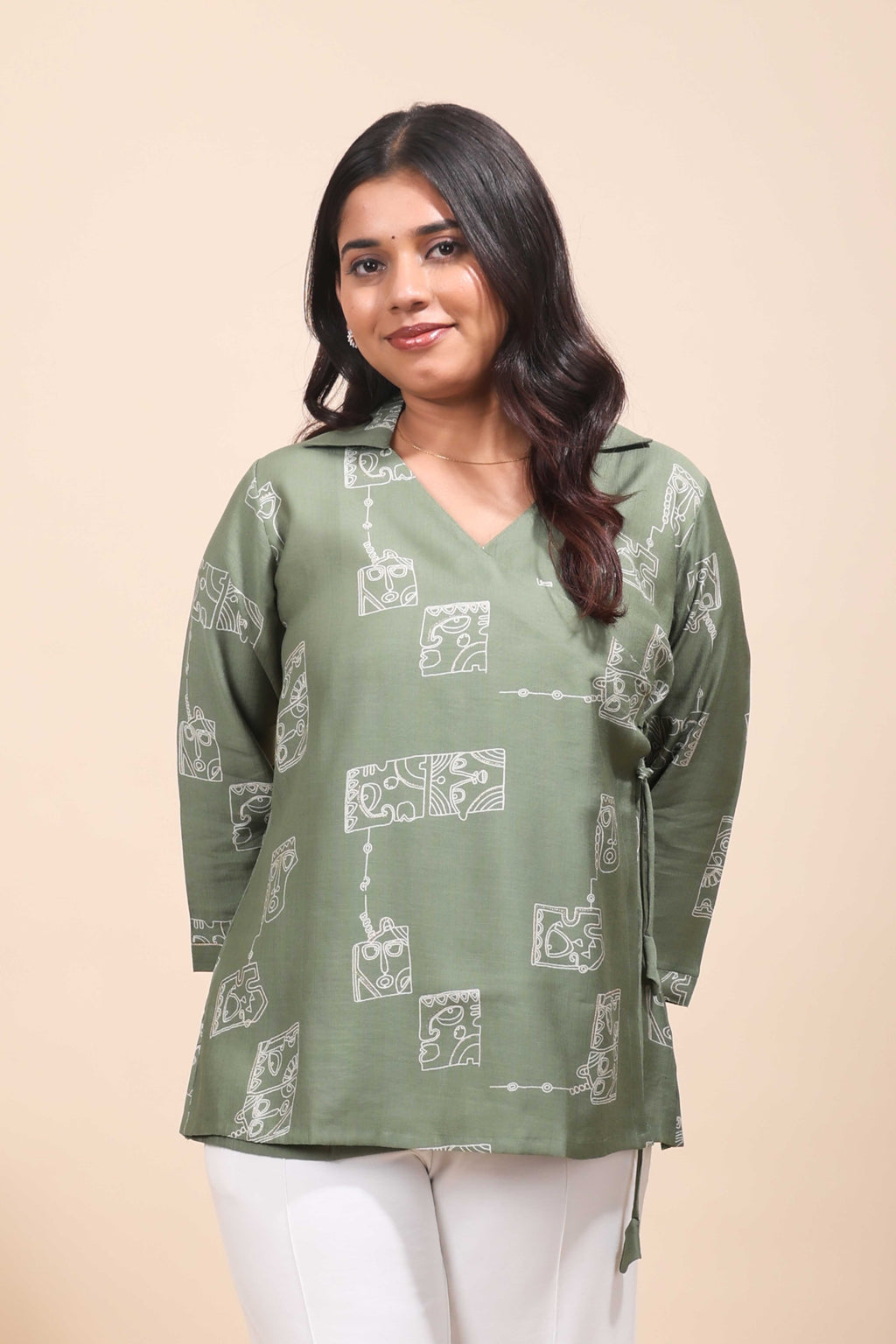 Olive Green Abstract Cubist Print Angrakha Tunic Top