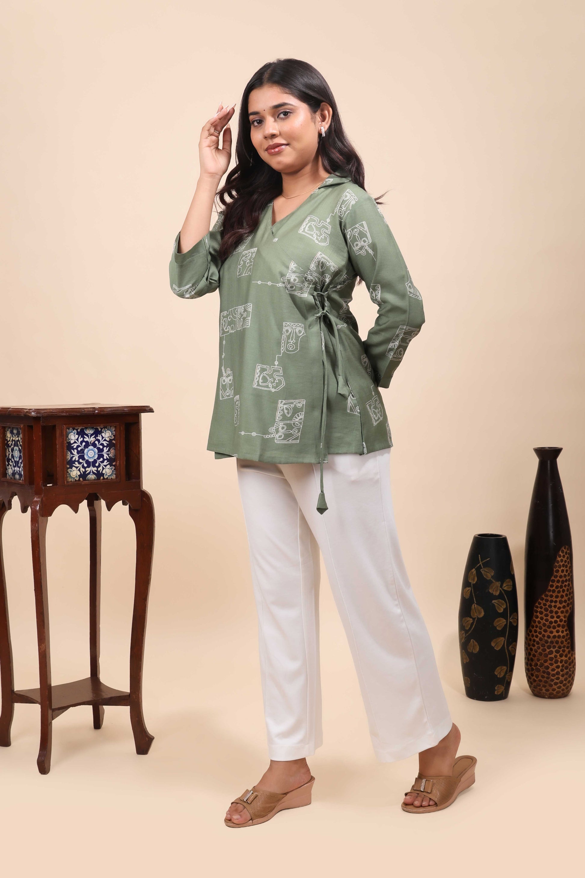 Olive Green Abstract Cubist Print Angrakha Tunic Top