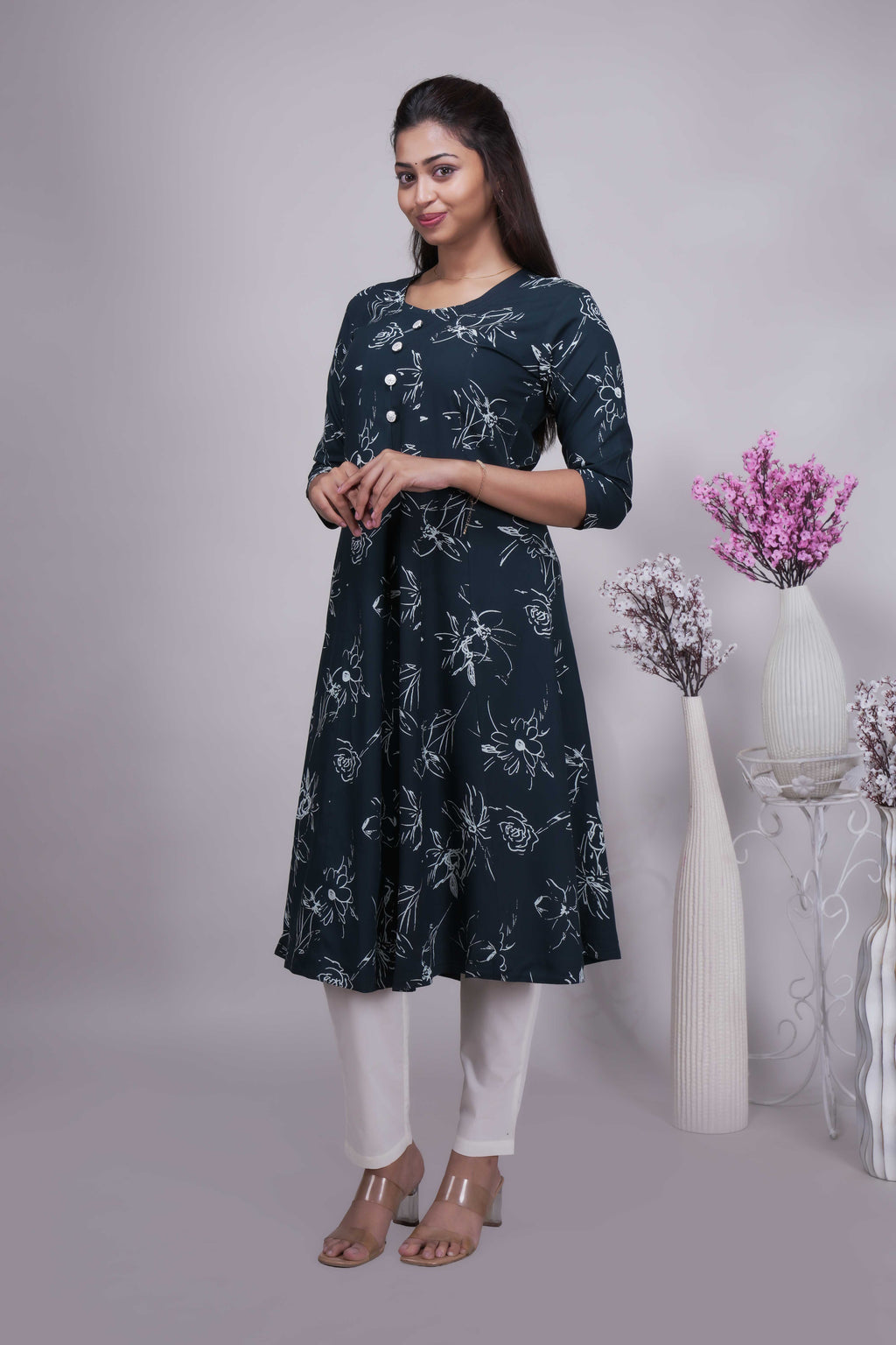 Women's Floral Print A-Line Kurta with Show Buttons