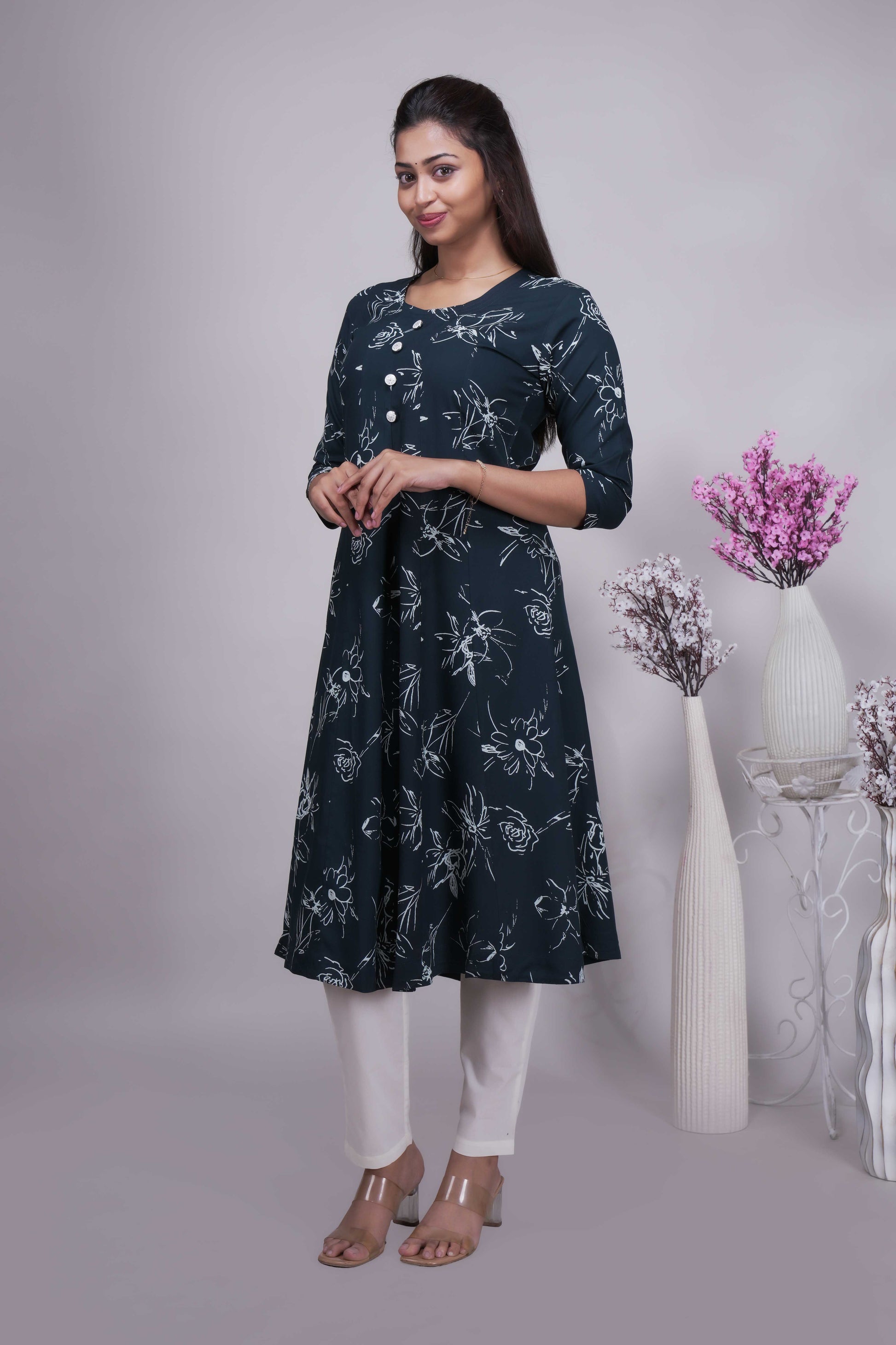 Women's Floral Print A-Line Kurta with Show Buttons