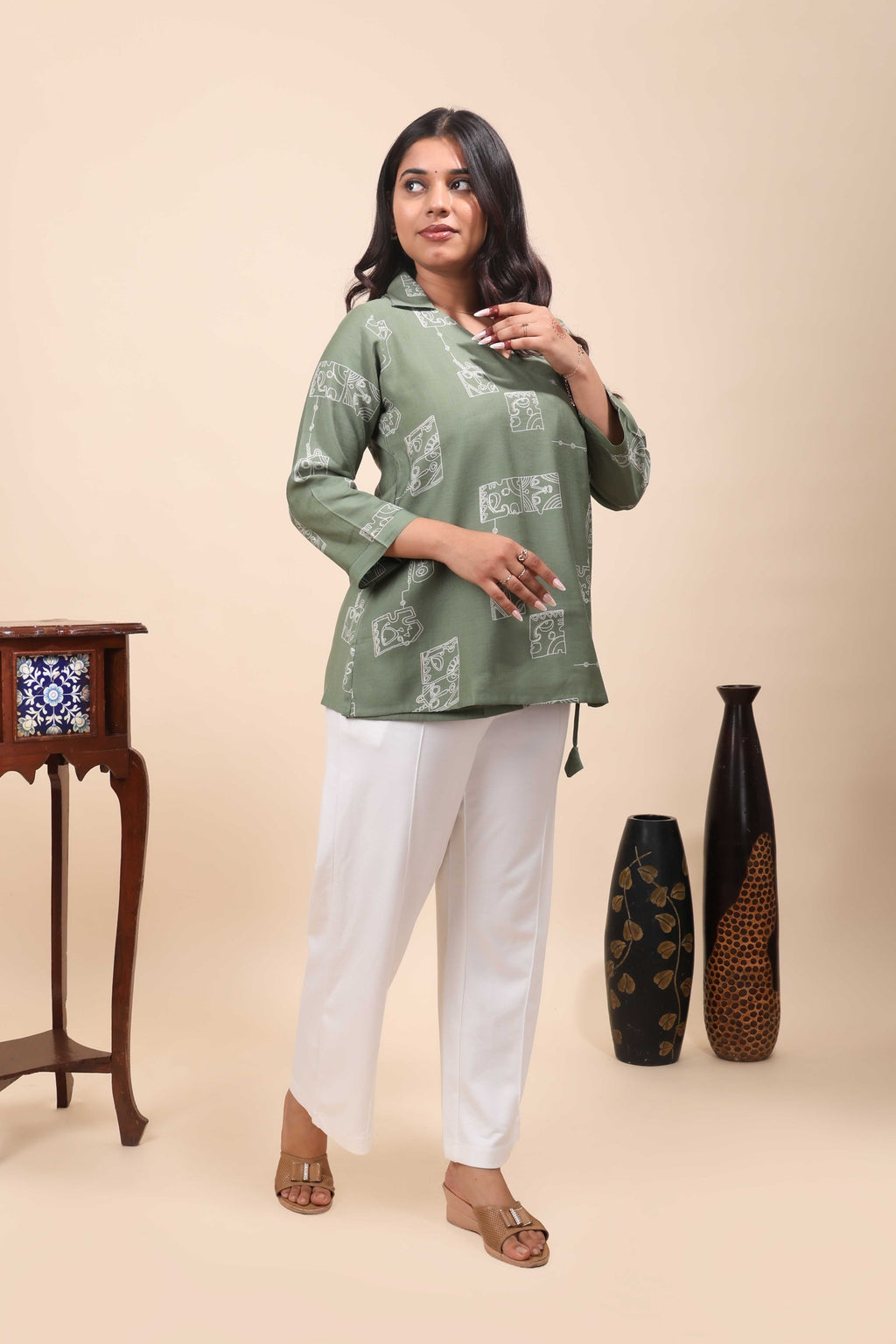 Olive Green Abstract Cubist Print Angrakha Tunic Top