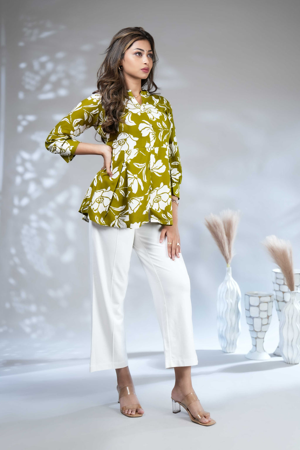 Women's Olive Green & White Floral Printed Peplum Tunic