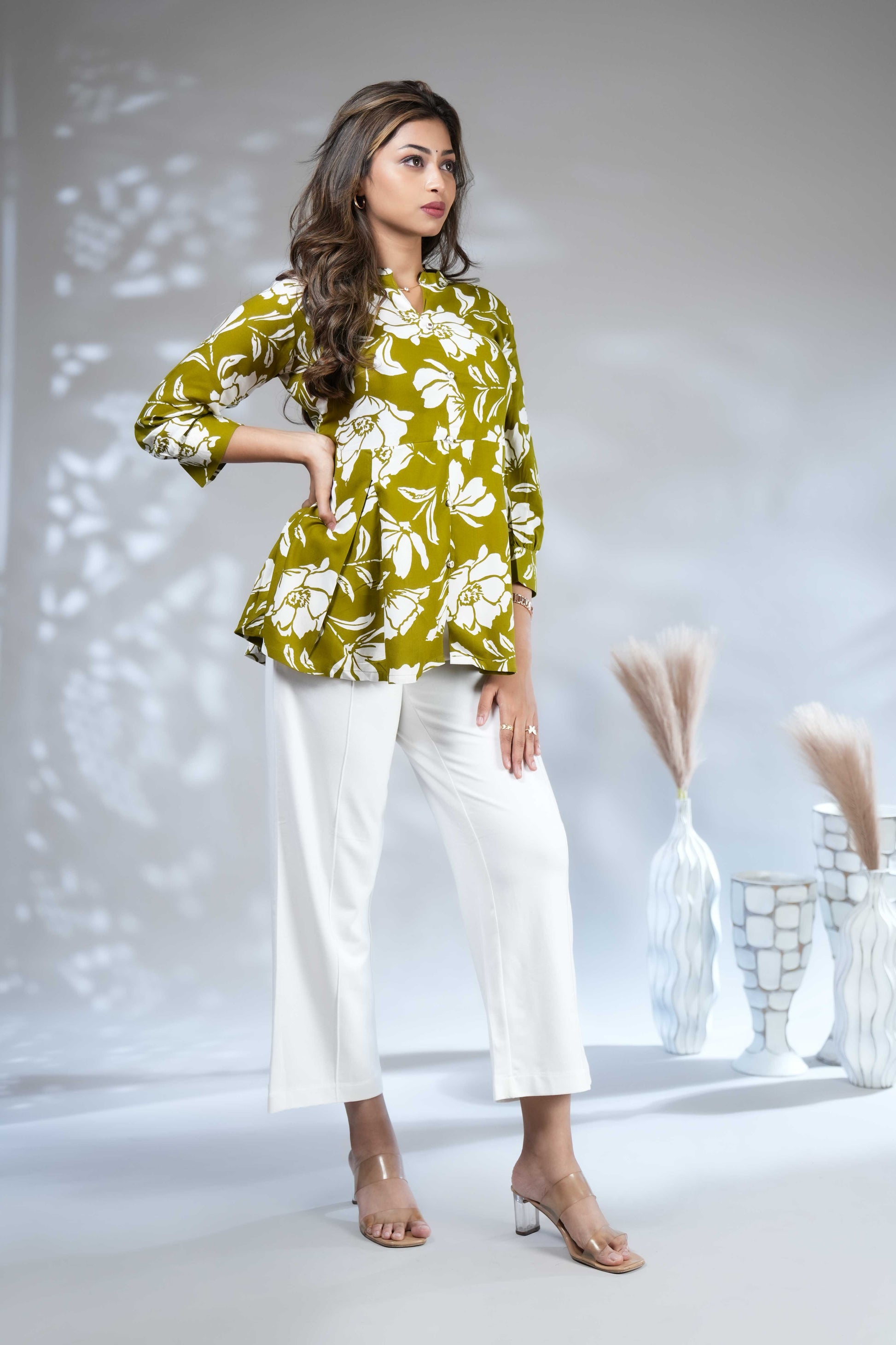 Women's Olive Green & White Floral Printed Peplum Tunic
