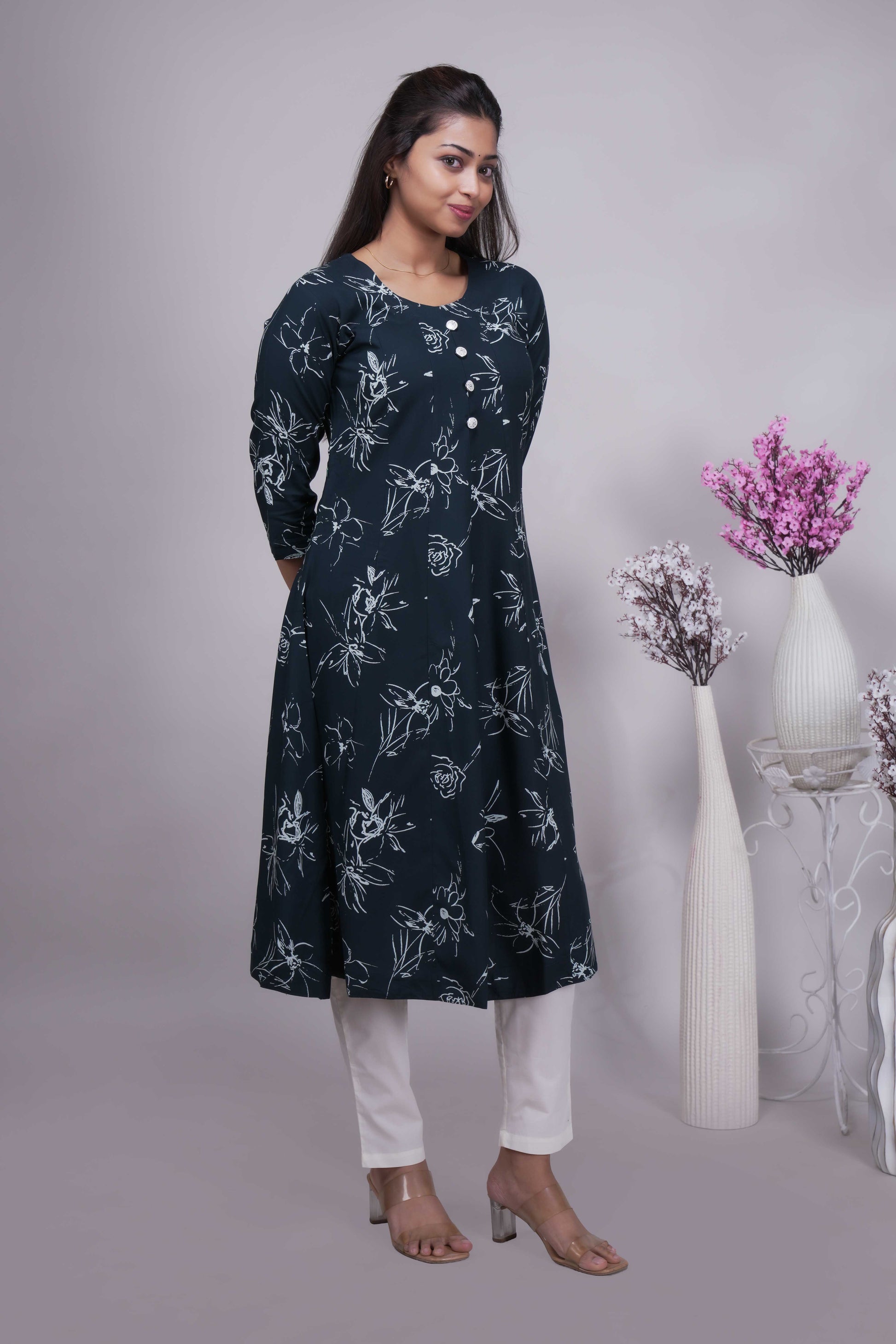 Women's Floral Print A-Line Kurta with Show Buttons