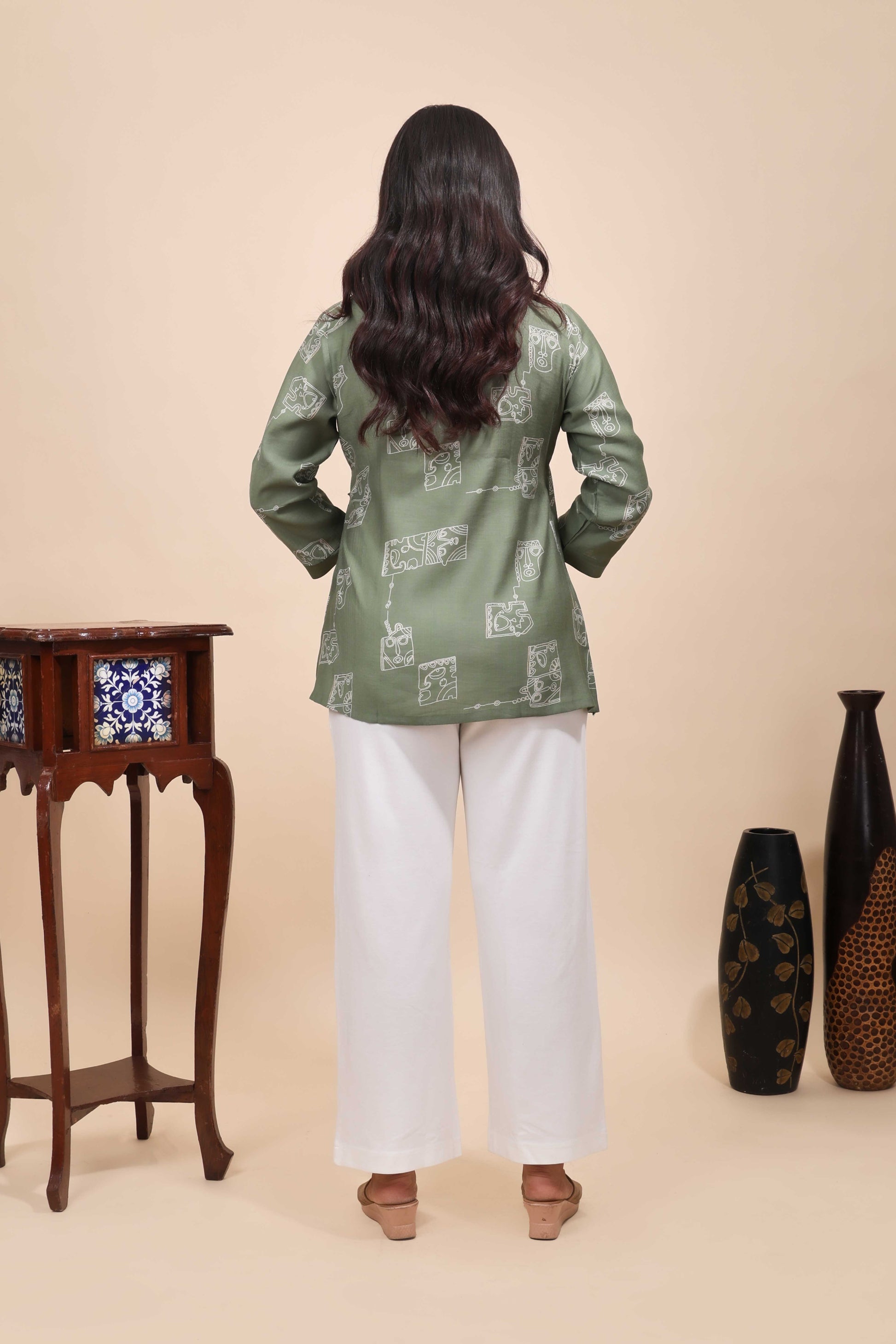Olive Green Abstract Cubist Print Angrakha Tunic Top