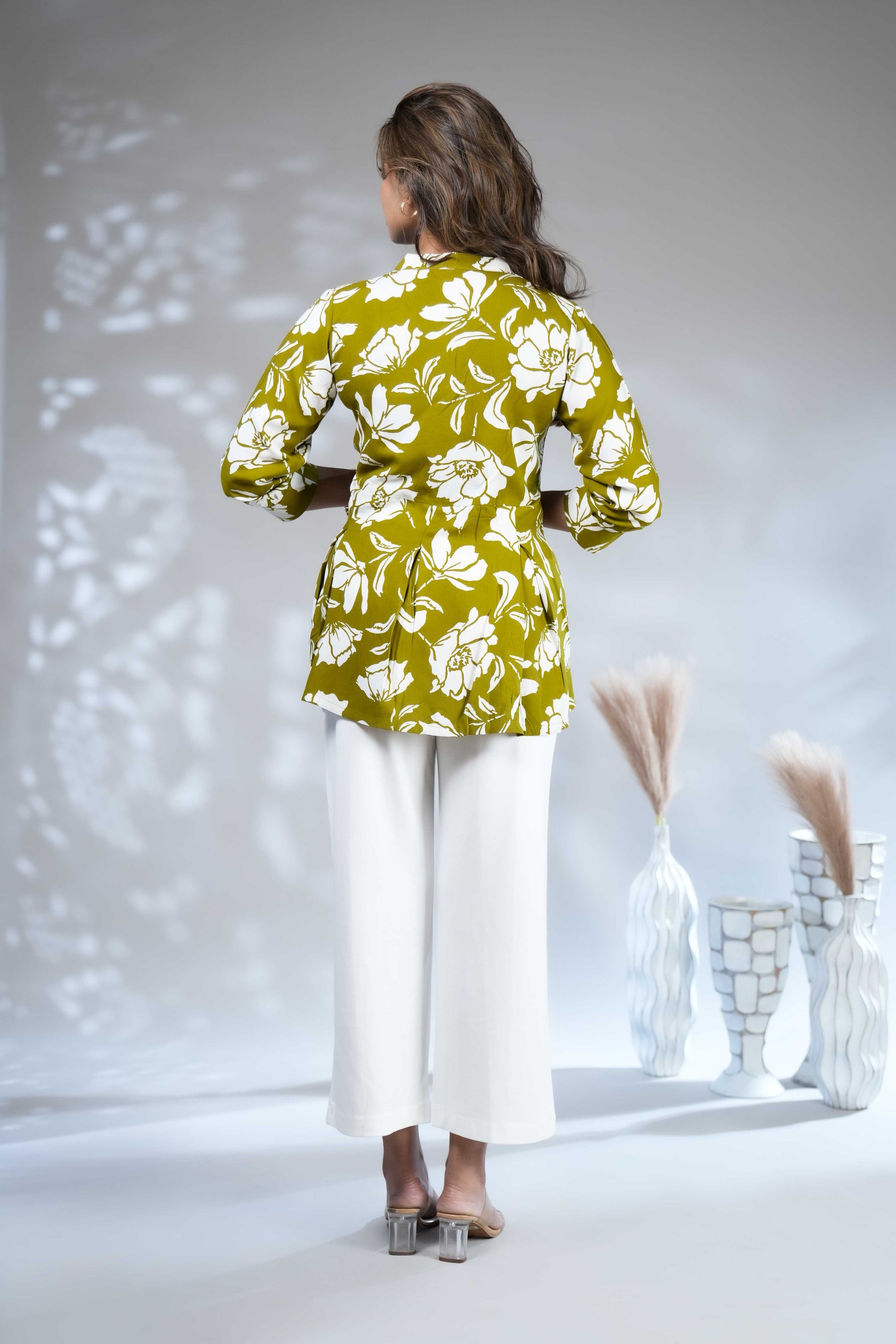 Women's Olive Green & White Floral Printed Peplum Tunic