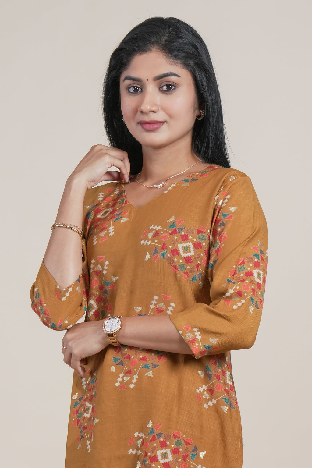 Mustard Yellow Floral Printed Straight Kurta with Matching Pants Set