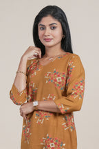 Mustard Yellow Floral Printed Straight Kurta with Matching Pants Set