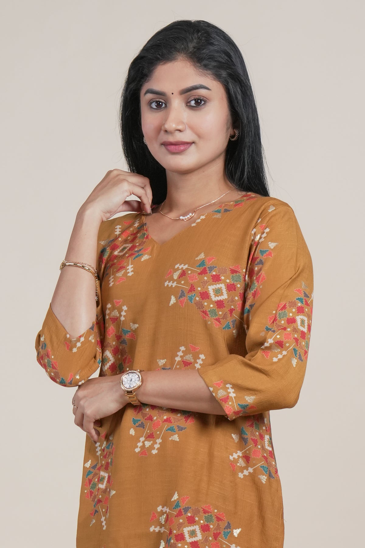 Mustard Yellow Floral Printed Straight Kurta with Matching Pants Set