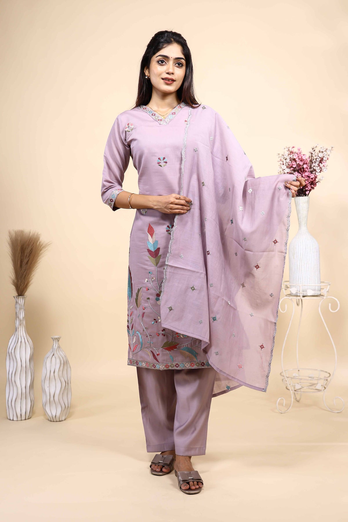 Women Lavender Floral Embroidered Straight Kurta with Trousers and Dupatta Set