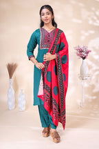 Teal Green Embroidered Kurta 3 Piece Set with Printed Red Dupatta