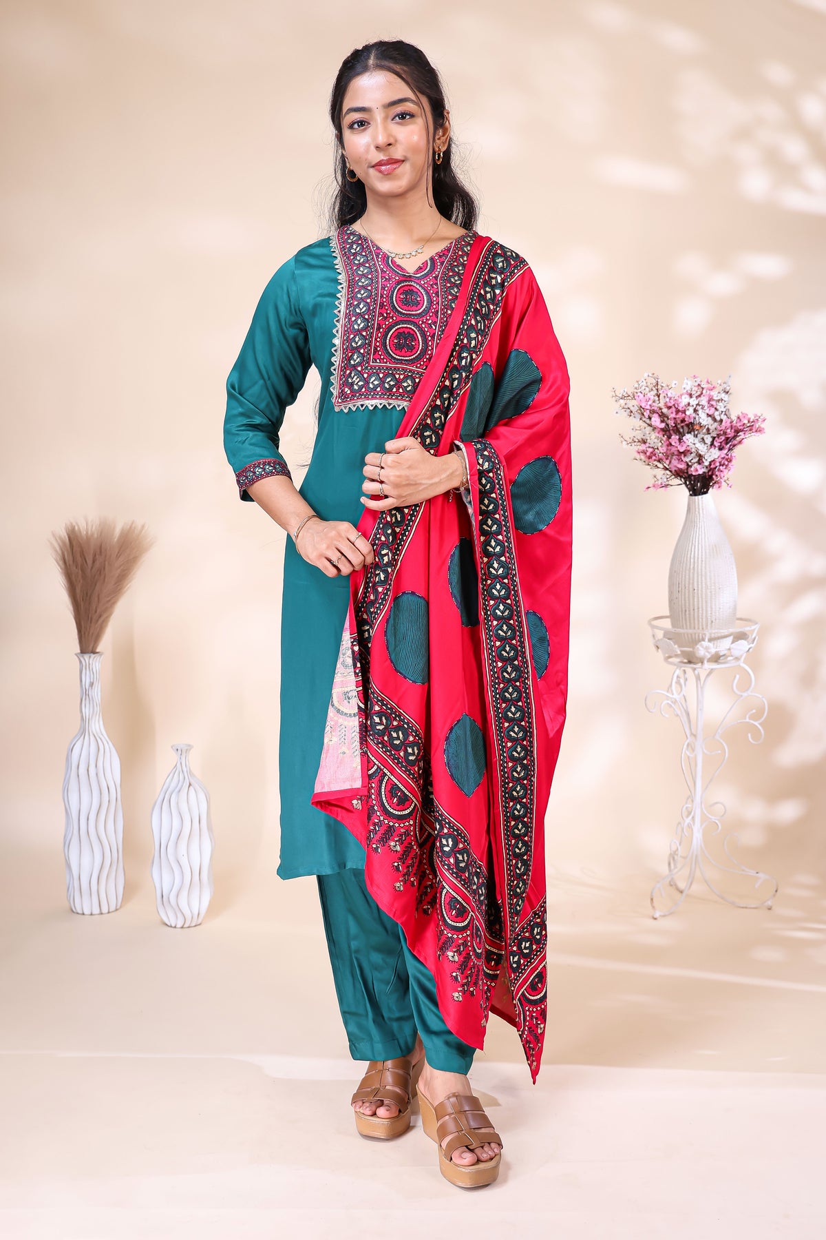 Teal Green Embroidered Kurta 3 Piece Set with Printed Red Dupatta