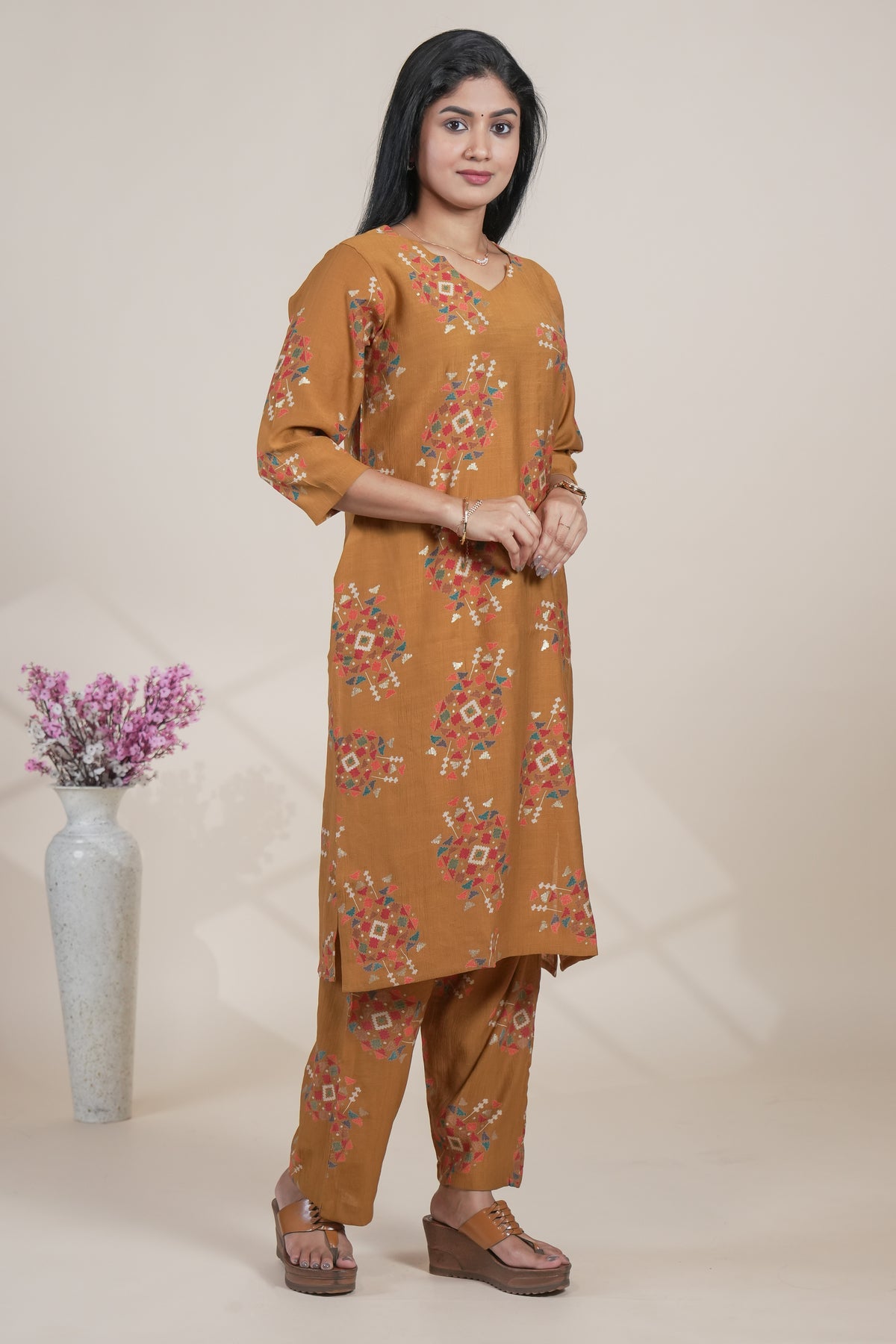 Mustard Yellow Floral Printed Straight Kurta with Matching Pants Set