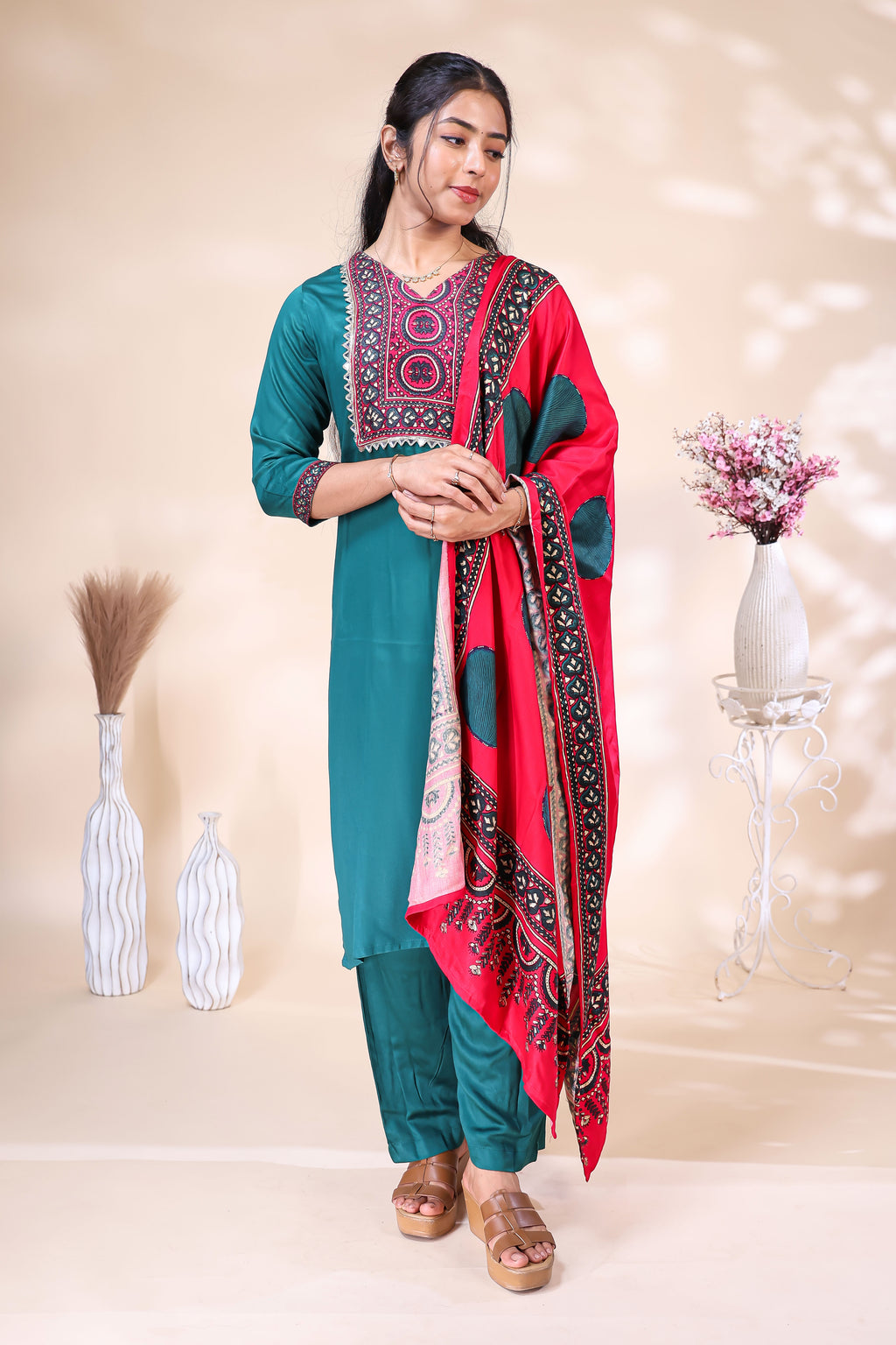 Teal Green Embroidered Kurta 3 Piece Set with Printed Red Dupatta