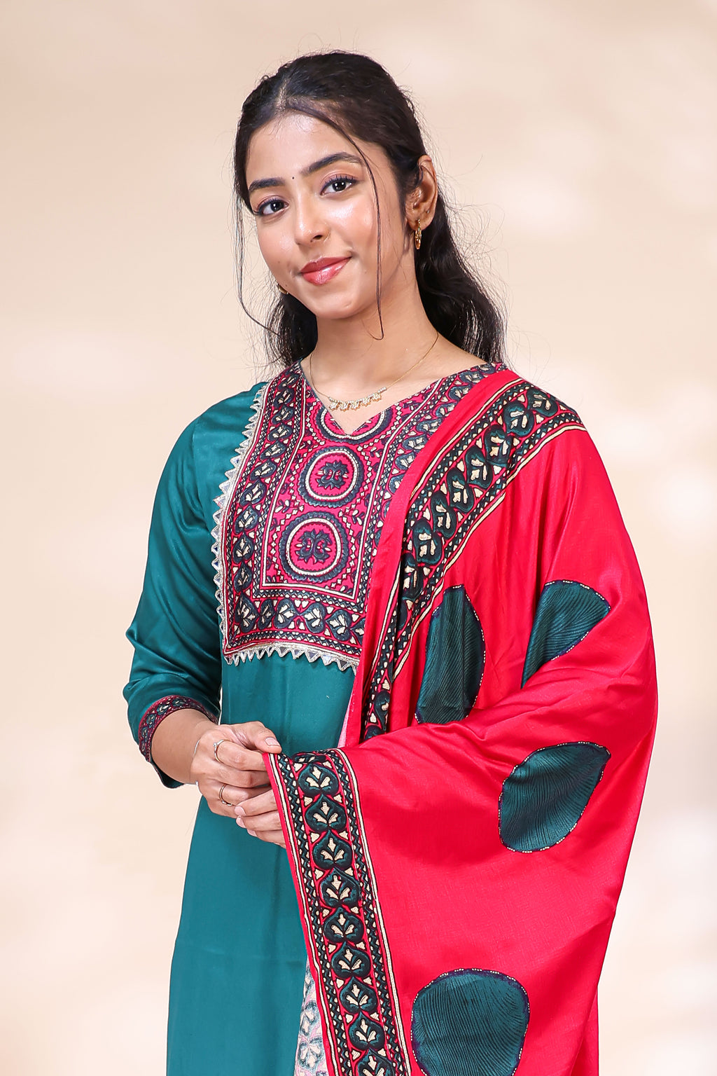Teal Green Embroidered Kurta 3 Piece Set with Printed Red Dupatta