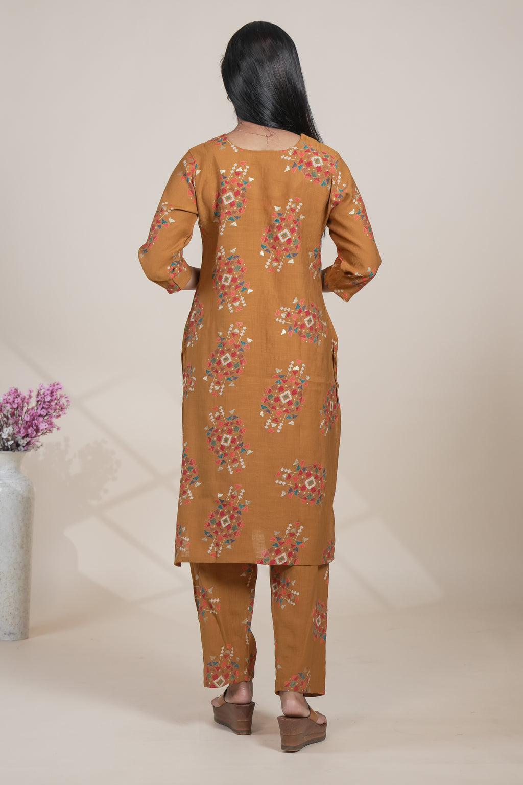 Mustard Yellow Floral Printed Straight Kurta with Matching Pants Set