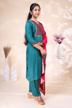 Teal Green Embroidered Kurta 3 Piece Set with Printed Red Dupatta