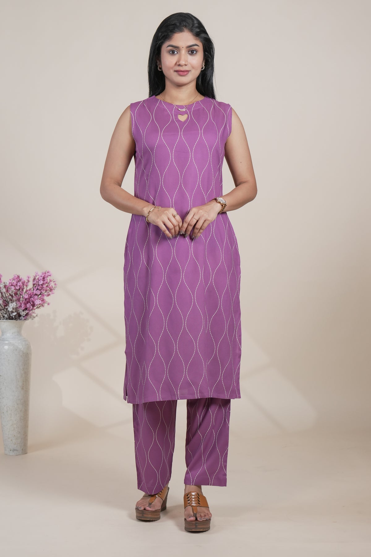 Elegant Purple Wave-Embroidered Sleeveless Kurta and Pants Set