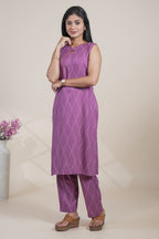 Elegant Purple Wave-Embroidered Sleeveless Kurta and Pants Set