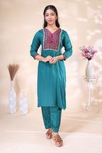 Teal Green Embroidered Kurta 3 Piece Set with Printed Red Dupatta