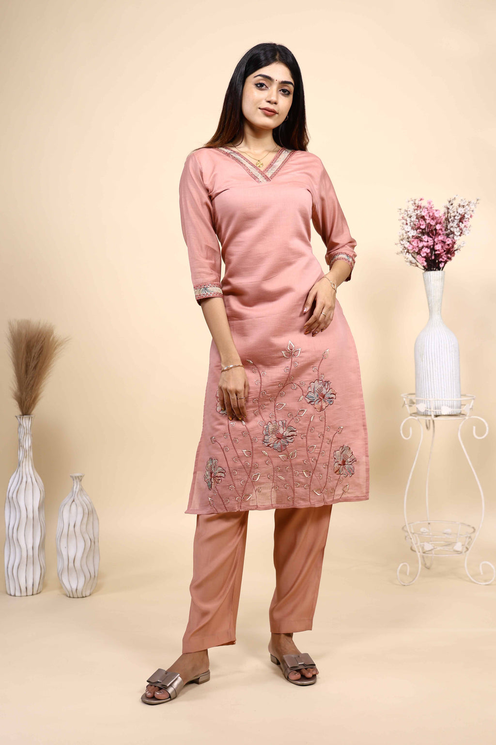 Elegant Dusty Pink Embroidered Kurta Set with Matching Dupatta