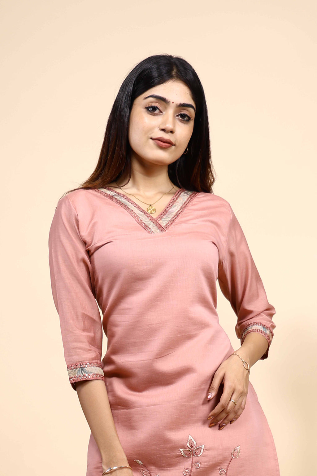 Elegant Dusty Pink Embroidered Kurta Set with Matching Dupatta