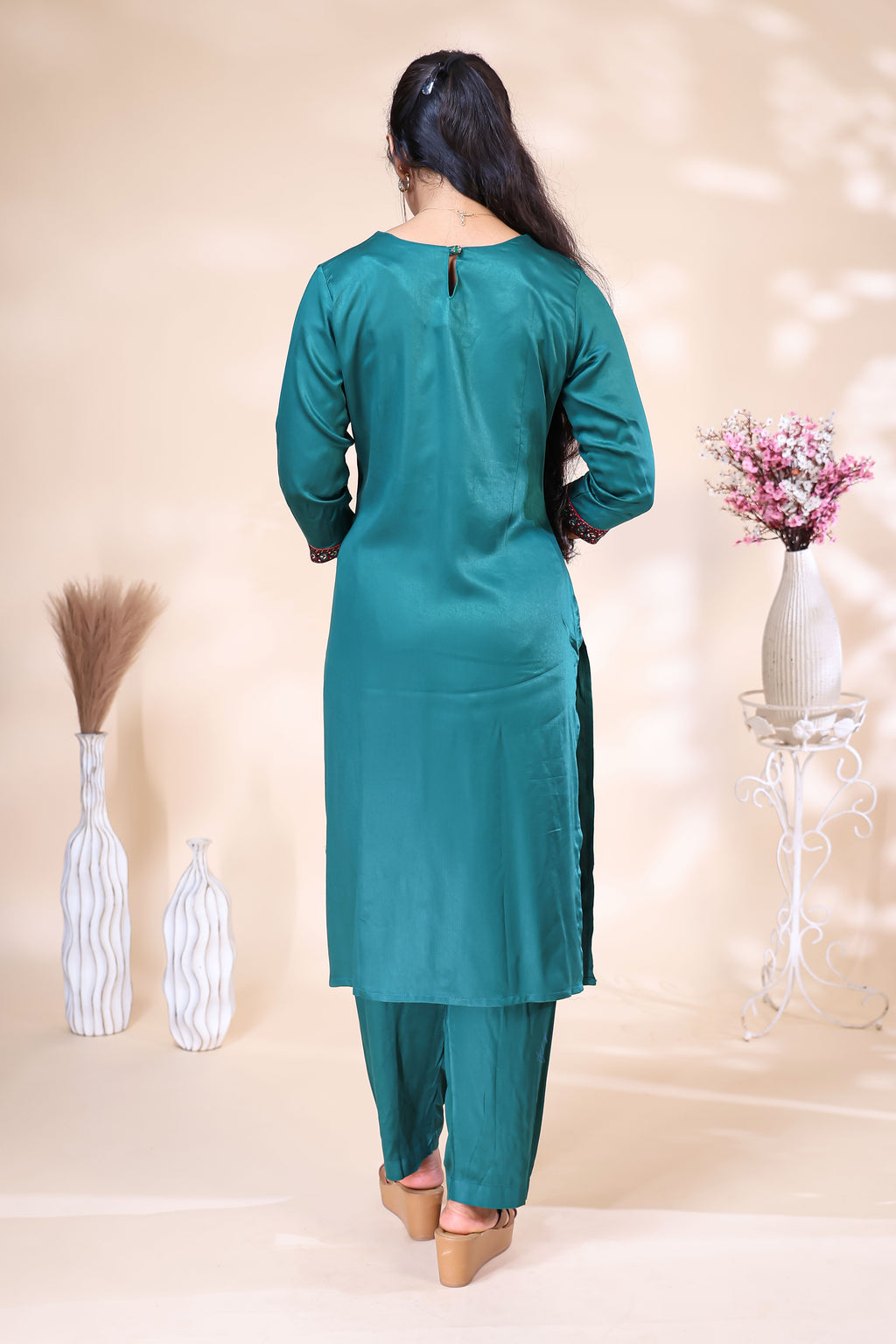 Teal Green Embroidered Kurta 3 Piece Set with Printed Red Dupatta