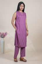 Elegant Purple Wave-Embroidered Sleeveless Kurta and Pants Set