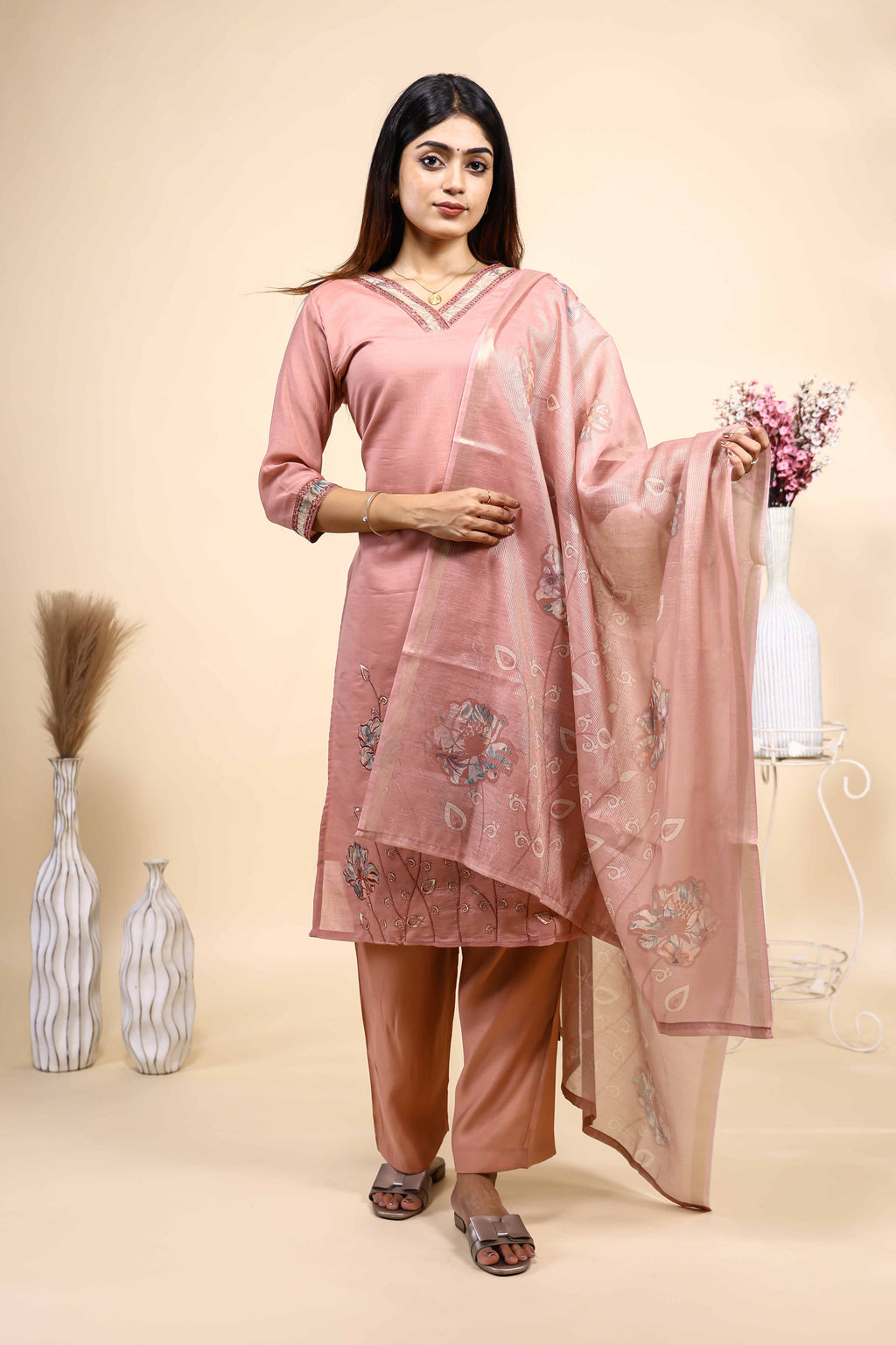 Elegant Dusty Pink Embroidered Kurta Set with Matching Dupatta