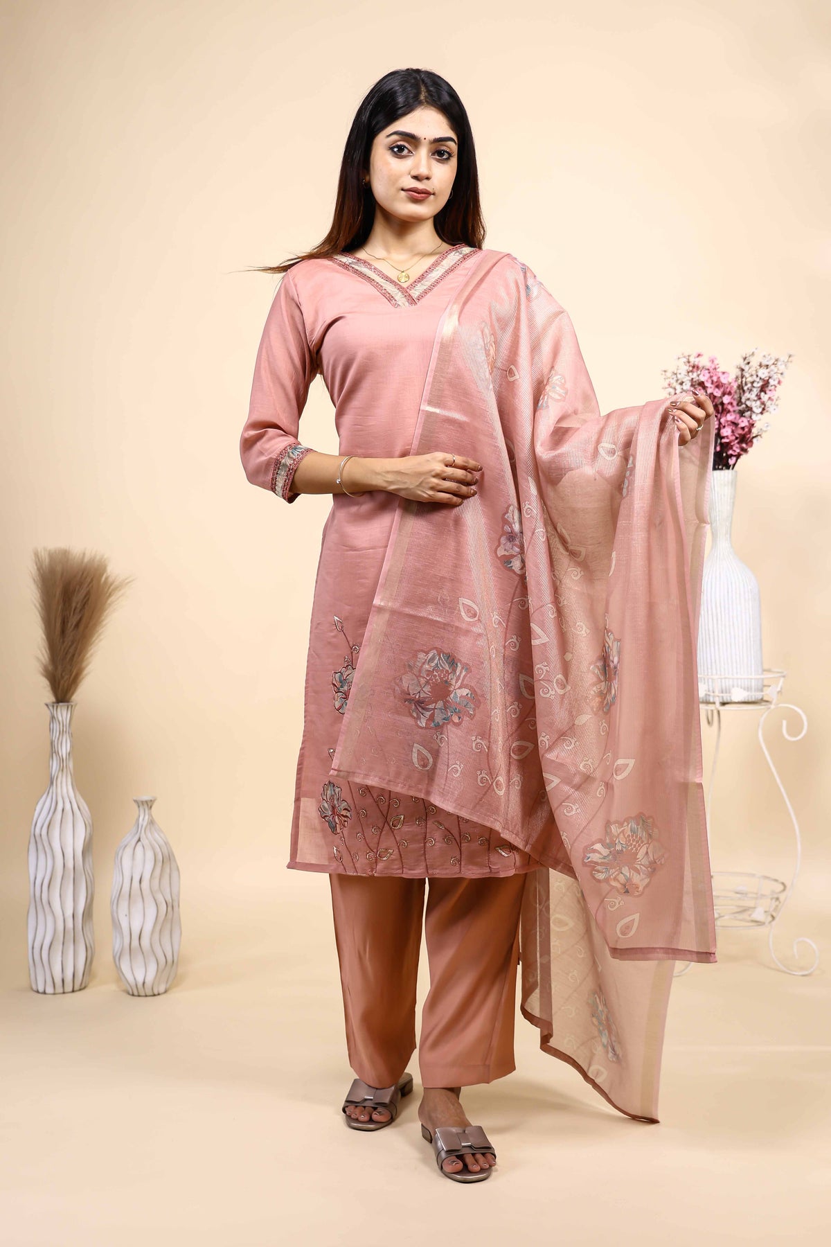 Elegant Dusty Pink Embroidered Kurta Set with Matching Dupatta