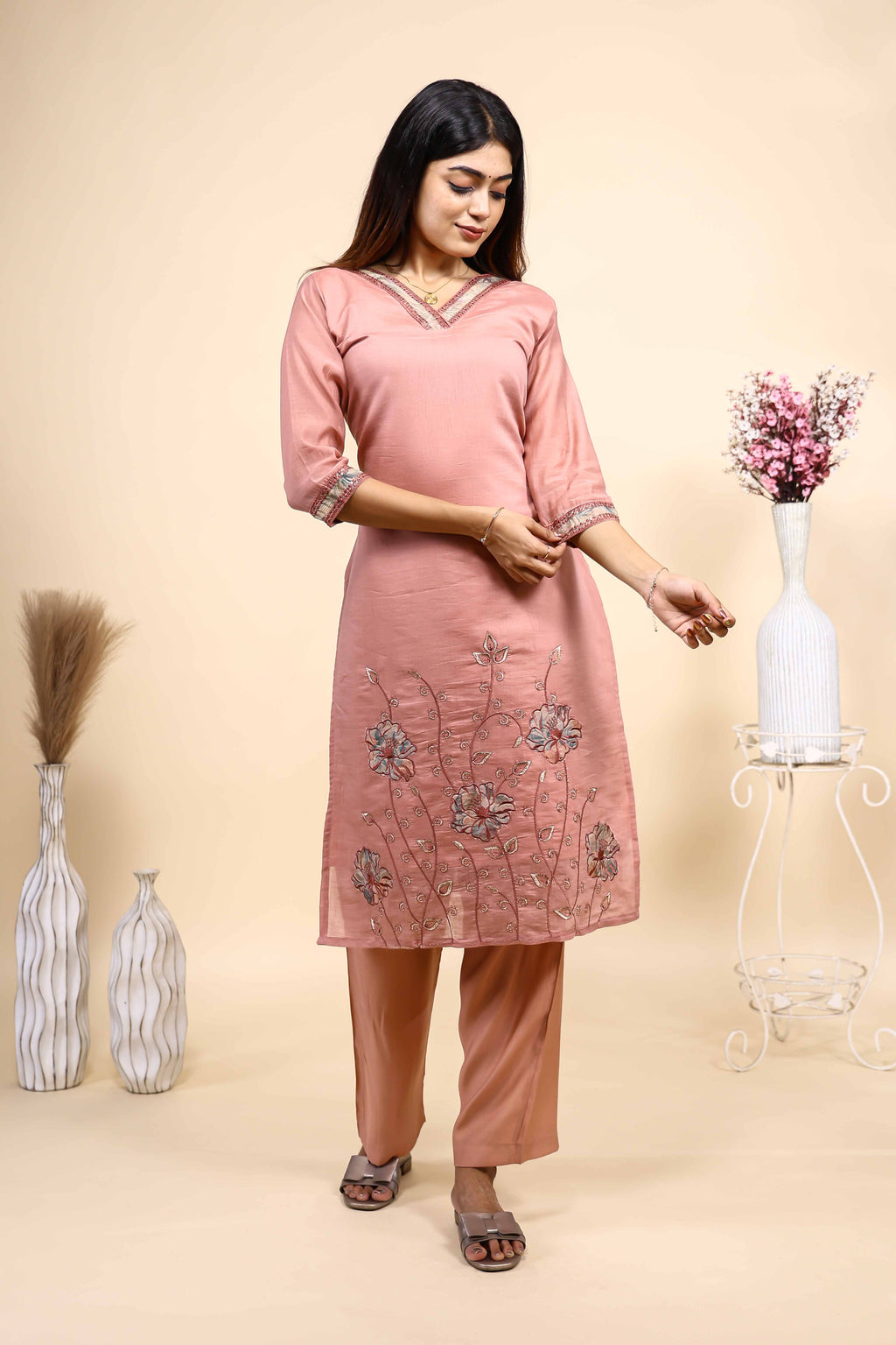 Elegant Dusty Pink Embroidered Kurta Set with Matching Dupatta