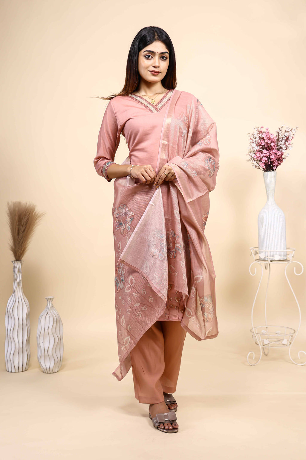 Elegant Dusty Pink Embroidered Kurta Set with Matching Dupatta
