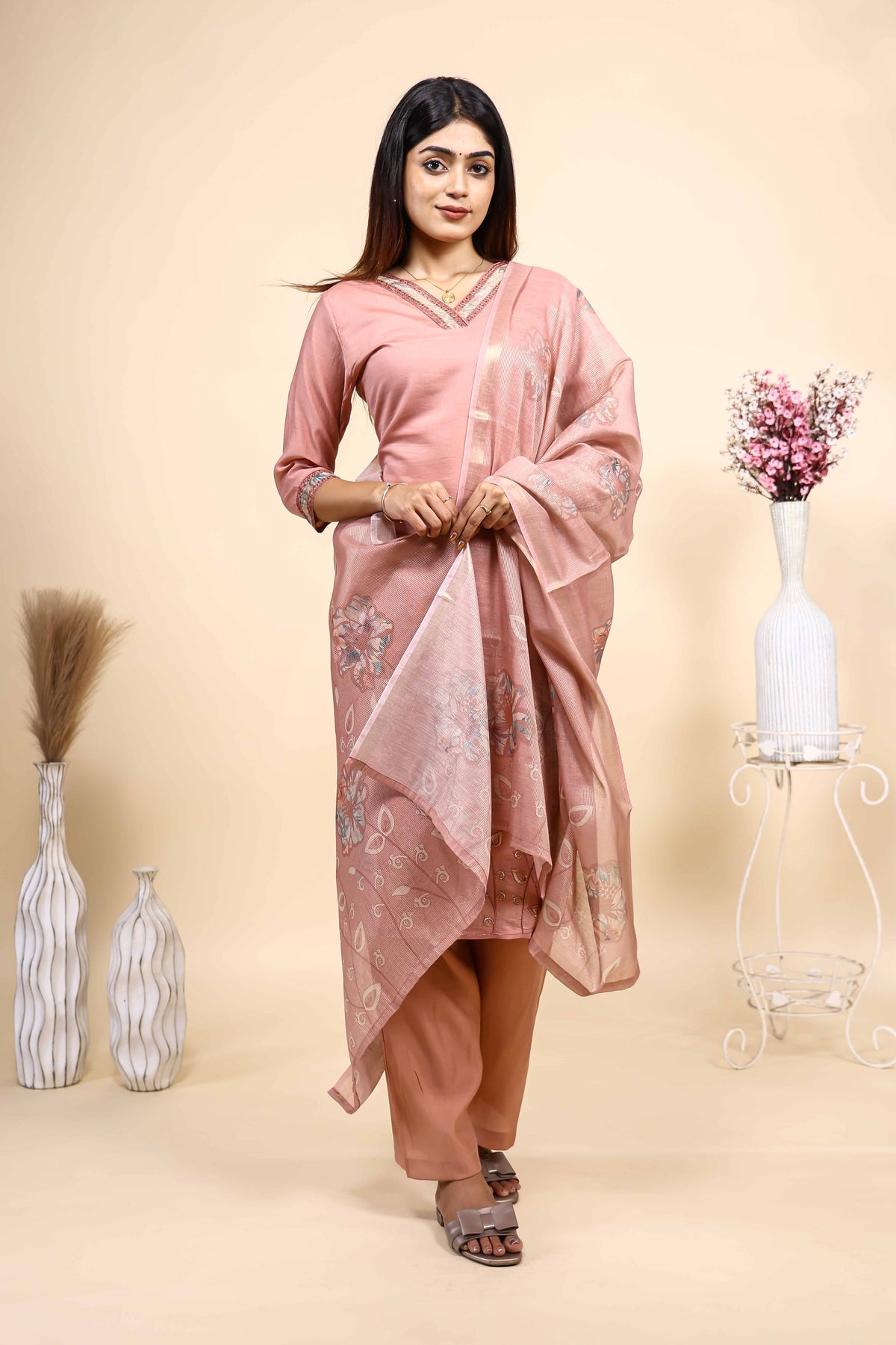 Elegant Dusty Pink Embroidered Kurta Set with Matching Dupatta