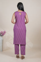 Elegant Purple Wave-Embroidered Sleeveless Kurta and Pants Set
