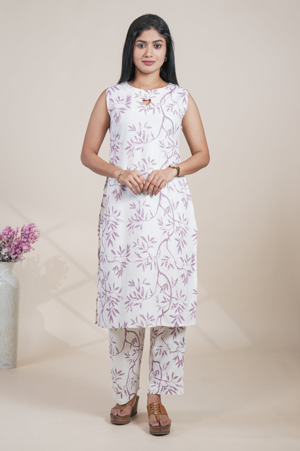 White and Purple Leaf Print Kurta with Matching Pants Set