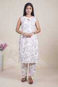White and Purple Leaf Print Kurta with Matching Pants Set