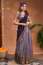 Elegant Purple and Grey Traditional Half Saree Lehengas Set with Zari Woven Borders