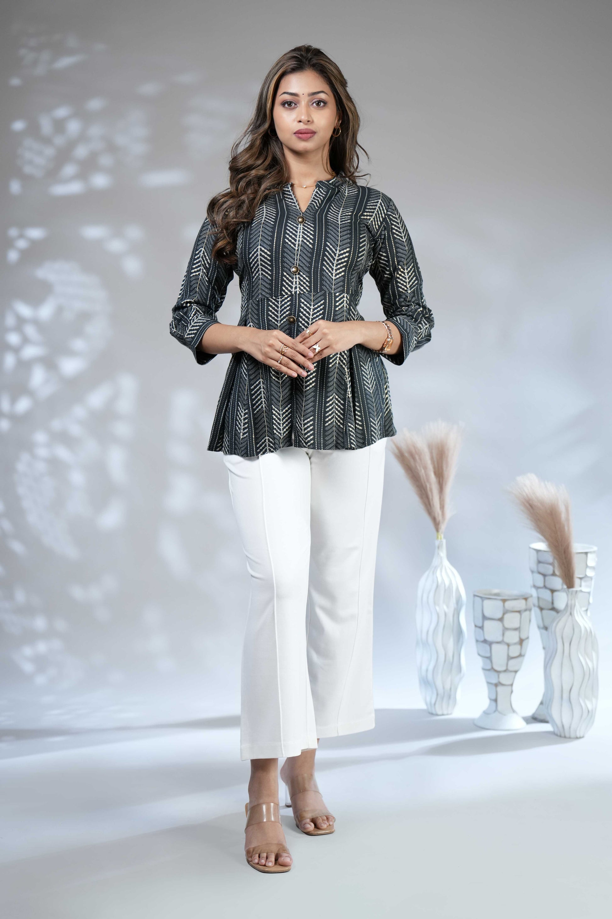 Women's Charcoal Chevron Print Peplum Tunic Top