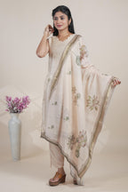 Elegant Beige Jacquard butti Floral Printed Kurta Set with Dupatta