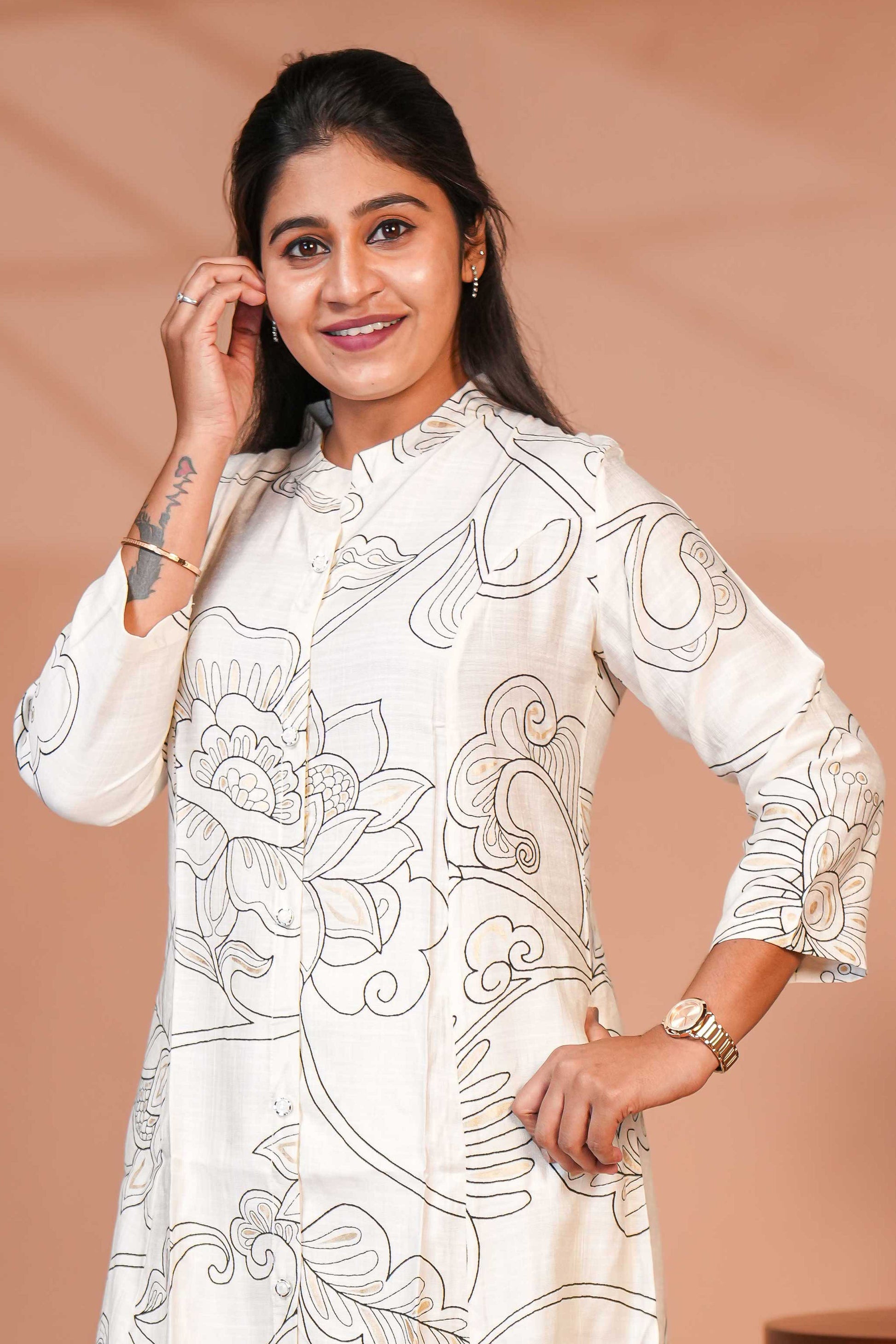 A longline Shirt-Style Kurta Rustic Botanical Kurti