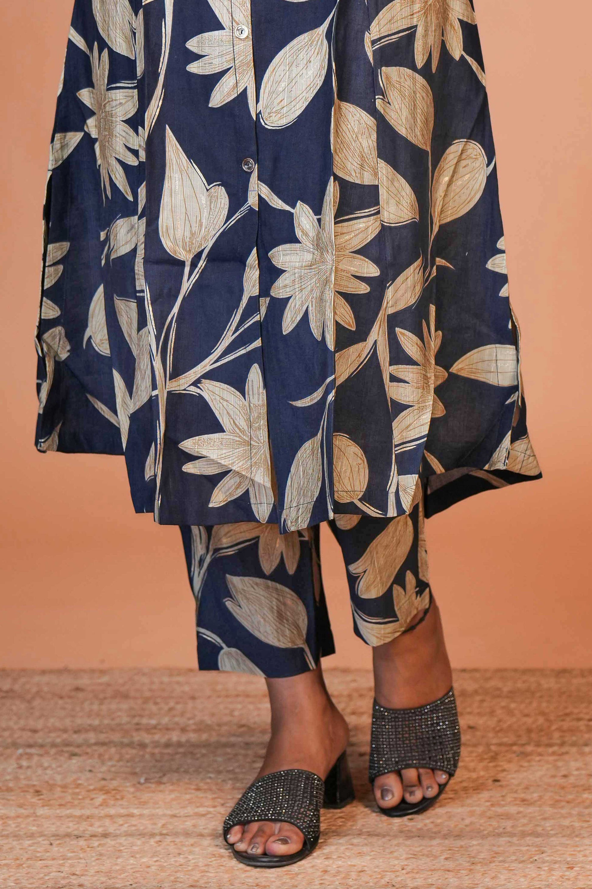 The Base is a Deep, midnight blue/indigo Co-Ord set Model Kurti