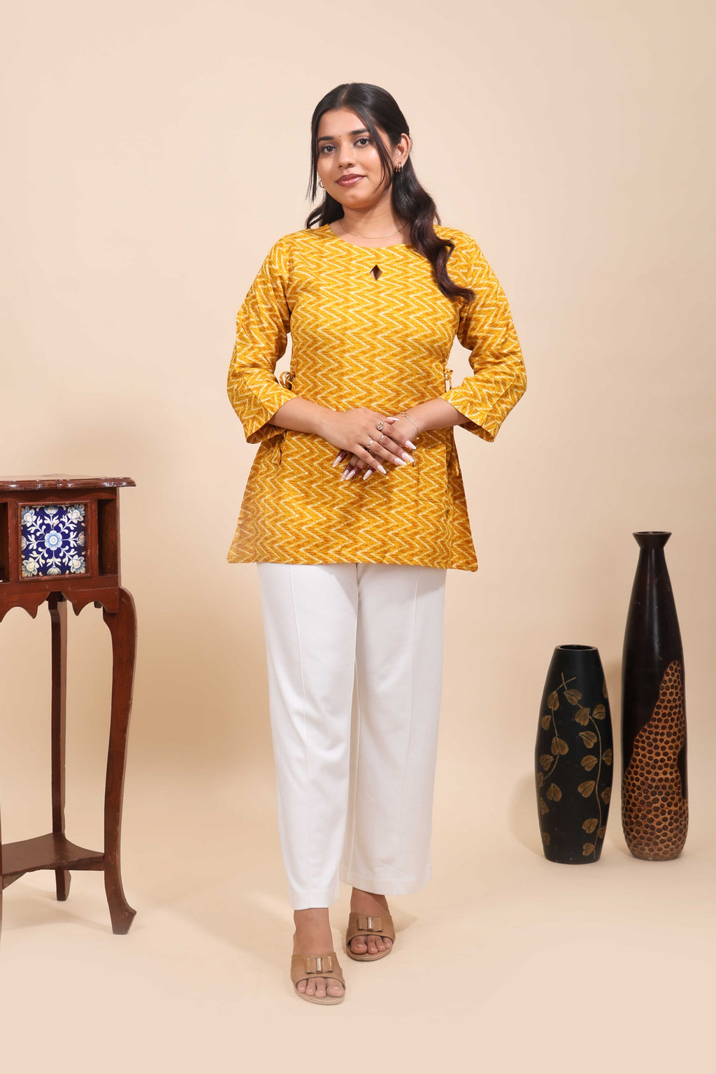 Yellow Rayon Chevron Tunic with Keyhole Neck