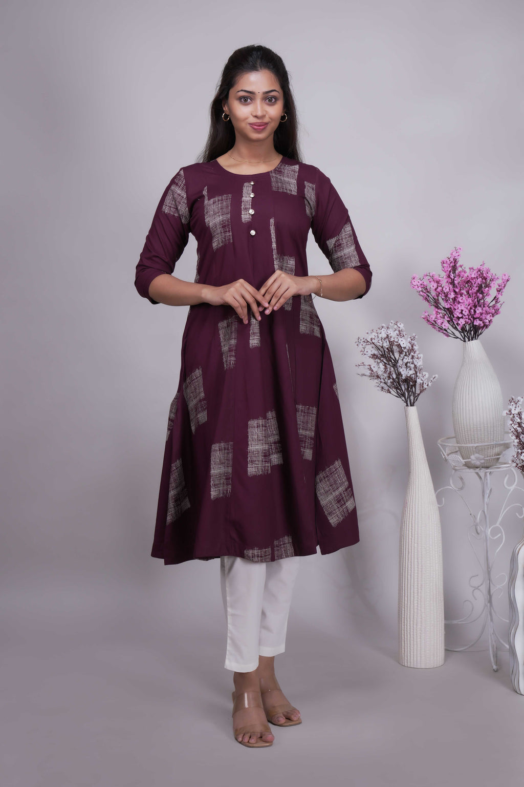 Women's Wine Geometric Print A-Line Kurta