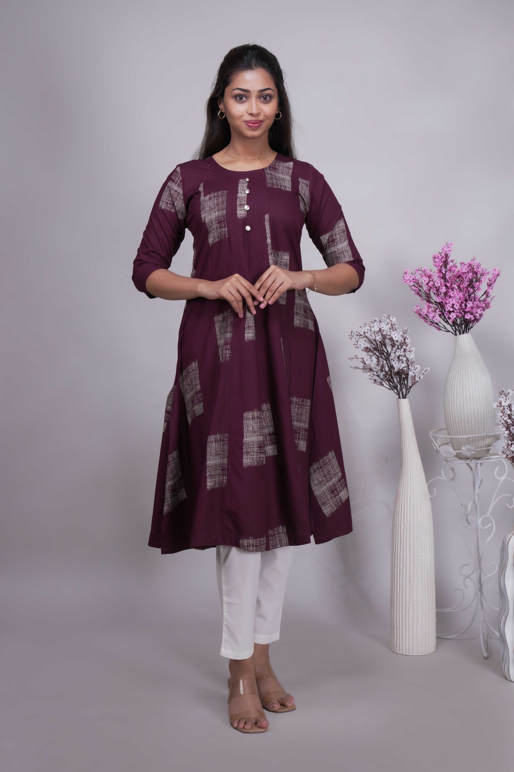 Women's Wine Geometric Print A-Line Kurta