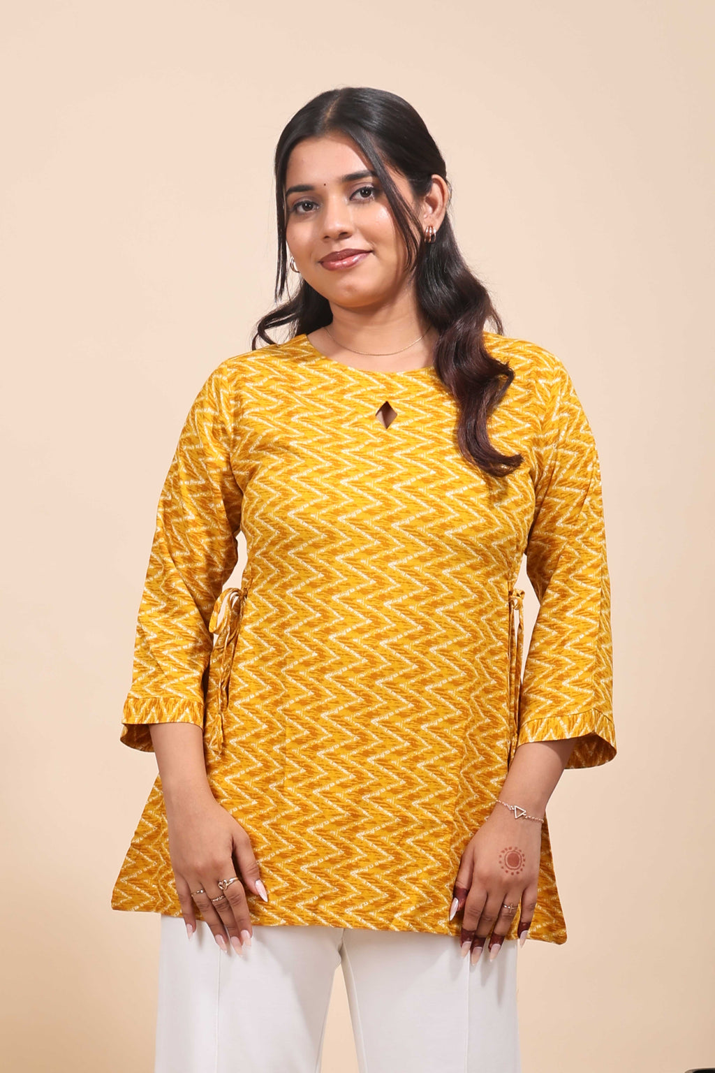 Yellow Rayon Chevron Tunic with Keyhole Neck