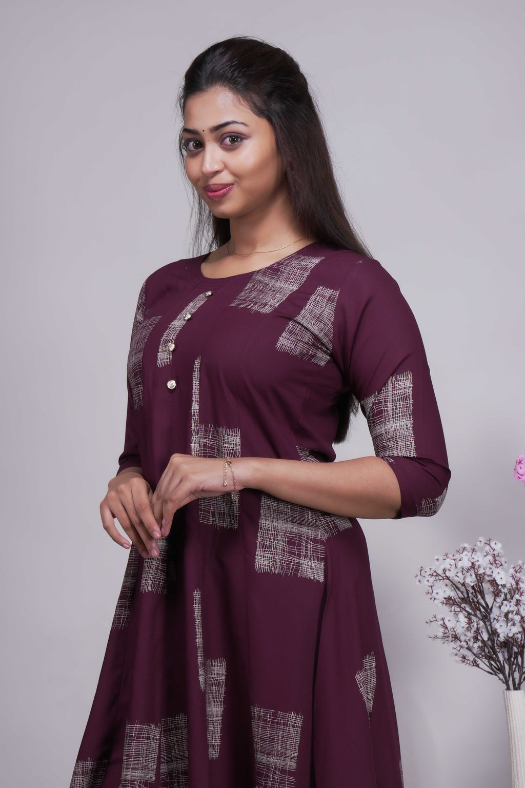 Women's Wine Geometric Print A-Line Kurta