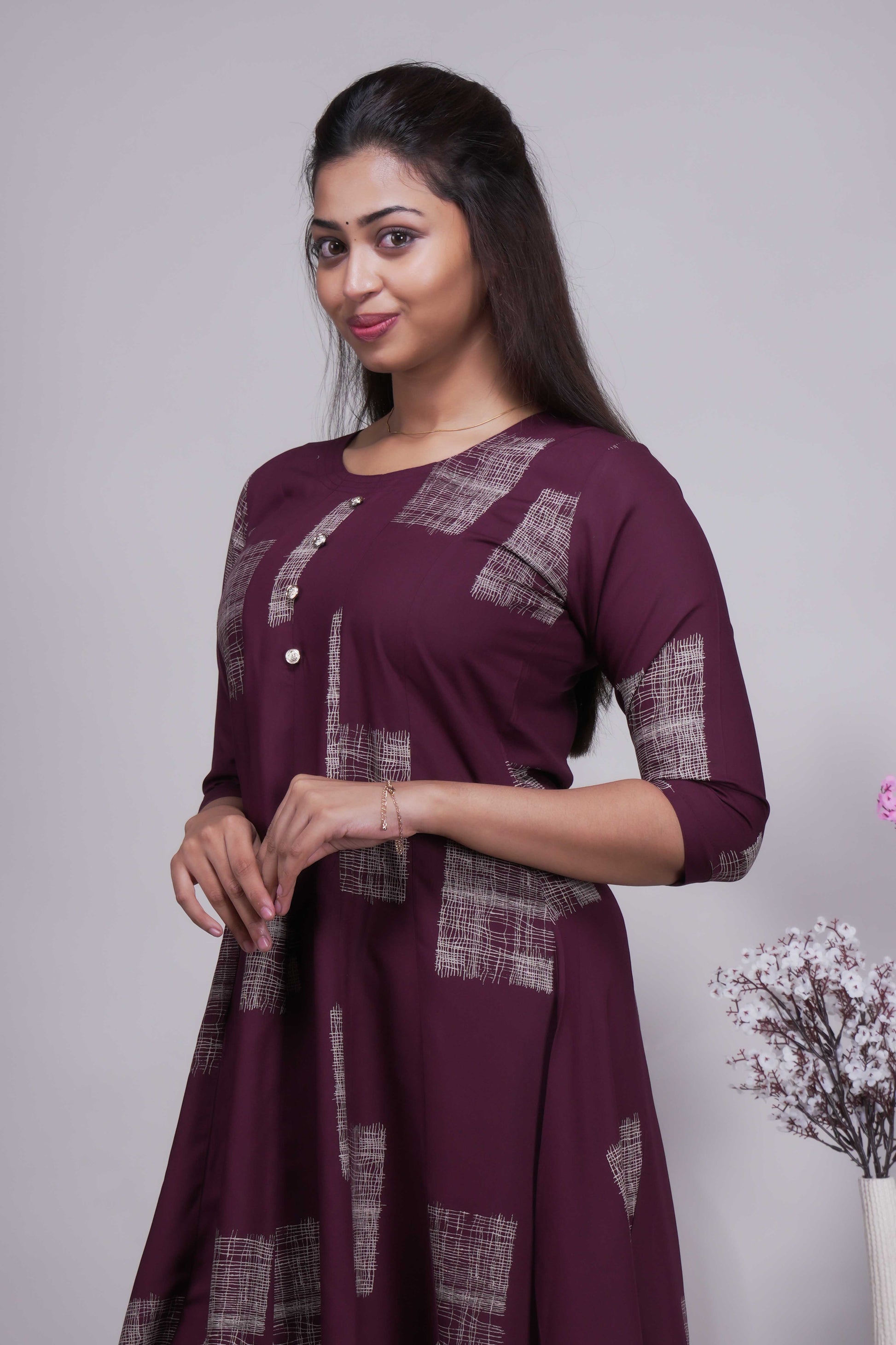 Women's Wine Geometric Print A-Line Kurta