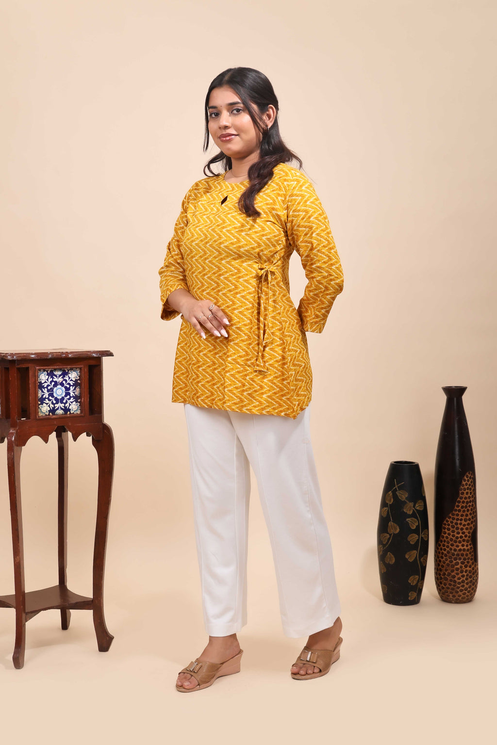 Yellow Rayon Chevron Tunic with Keyhole Neck