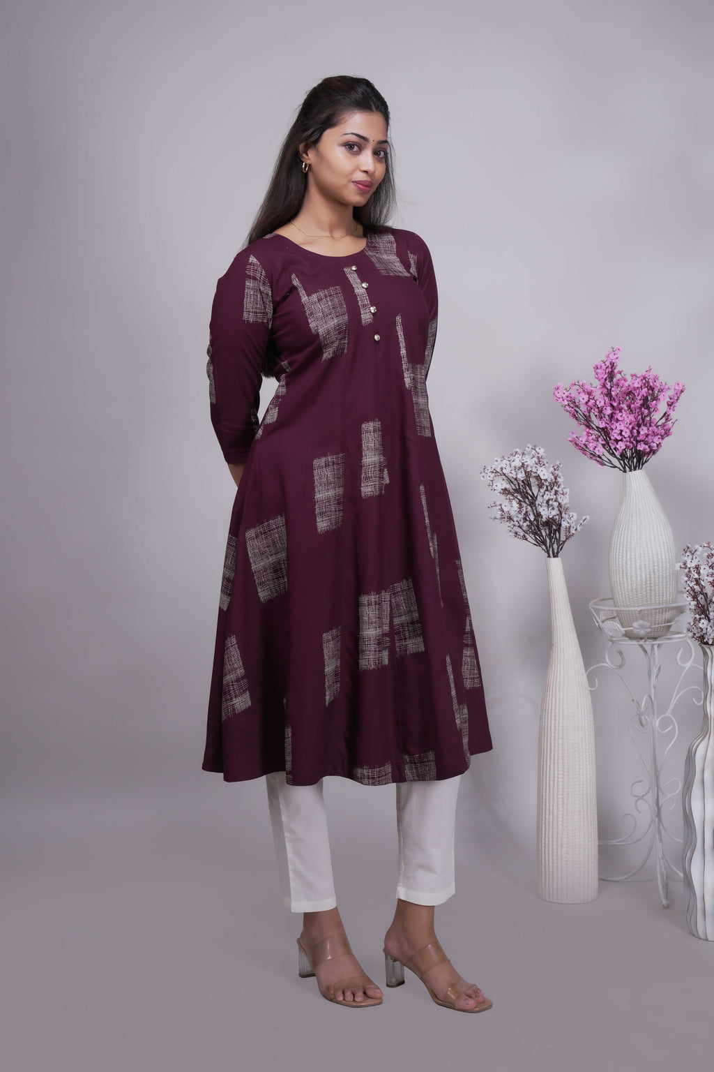 Women's Wine Geometric Print A-Line Kurta